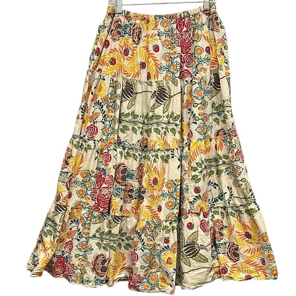 Apostrophe Skirt Women Medium Yellow Tan Tier Ruffle Floral Resort Tropic Cotton - Picture 2 of 11